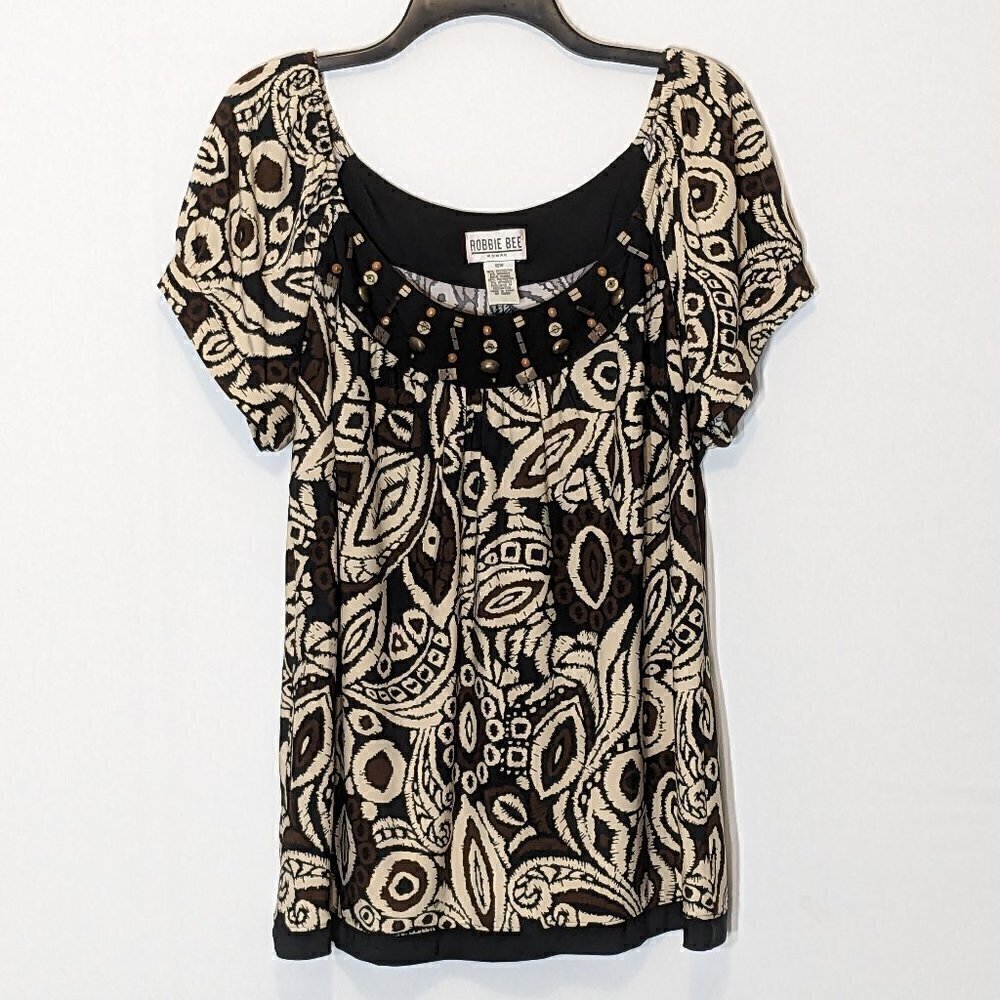 Women's "Robbie Bee" Brown/Tan, Beaded Short Sleeve Peasant Tunic; Size 18W